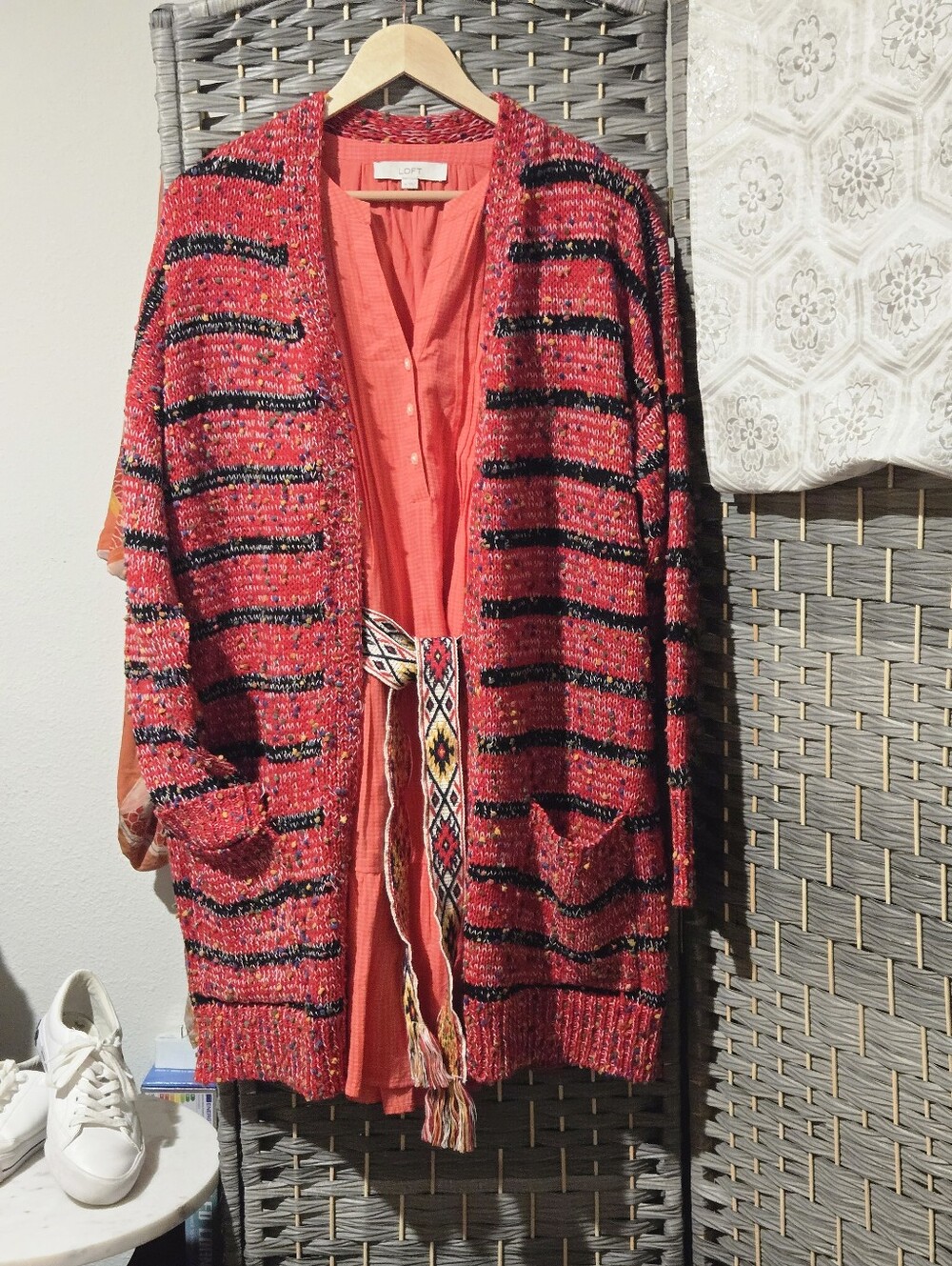Blakeley Red Confetti Knit Striped Oversized Cardigan Duster PS